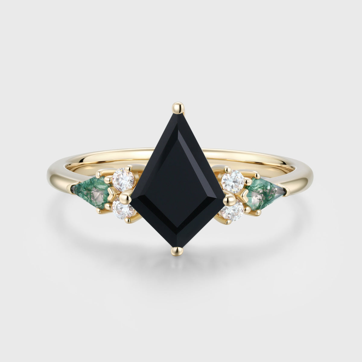 Kite cut Black Onyx & Moss Agate Solid Gold Engagement Ring