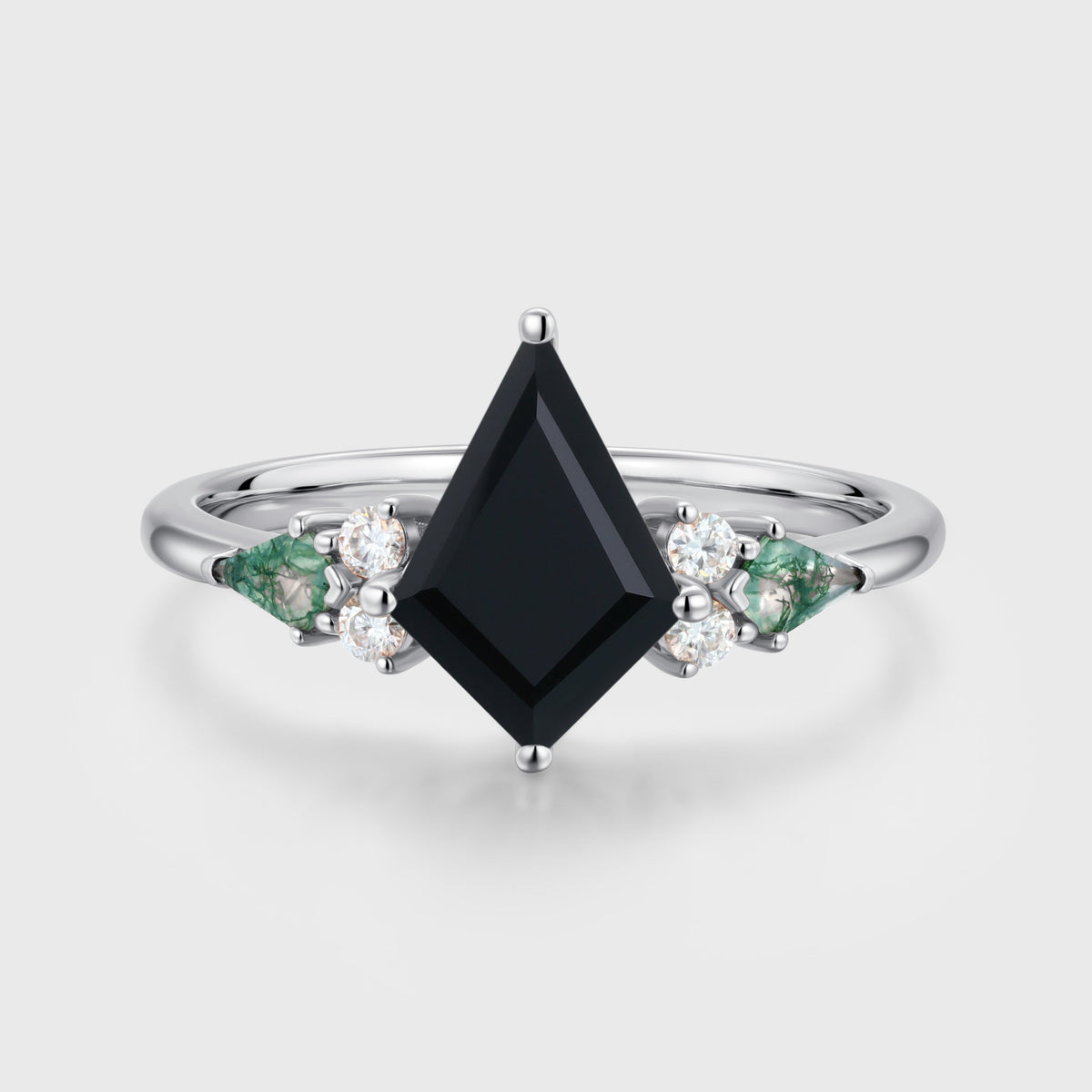 Kite cut Black Onyx & Moss Agate Solid Gold Engagement Ring