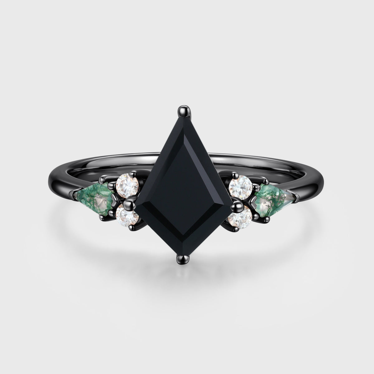 Kite cut Black Onyx & Moss Agate Solid Gold Engagement Ring