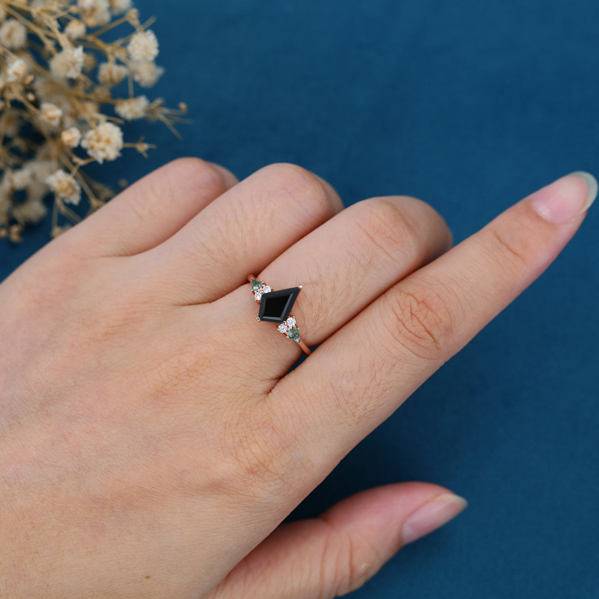 Kite cut Black Onyx & Moss Agate Solid Gold Engagement Ring