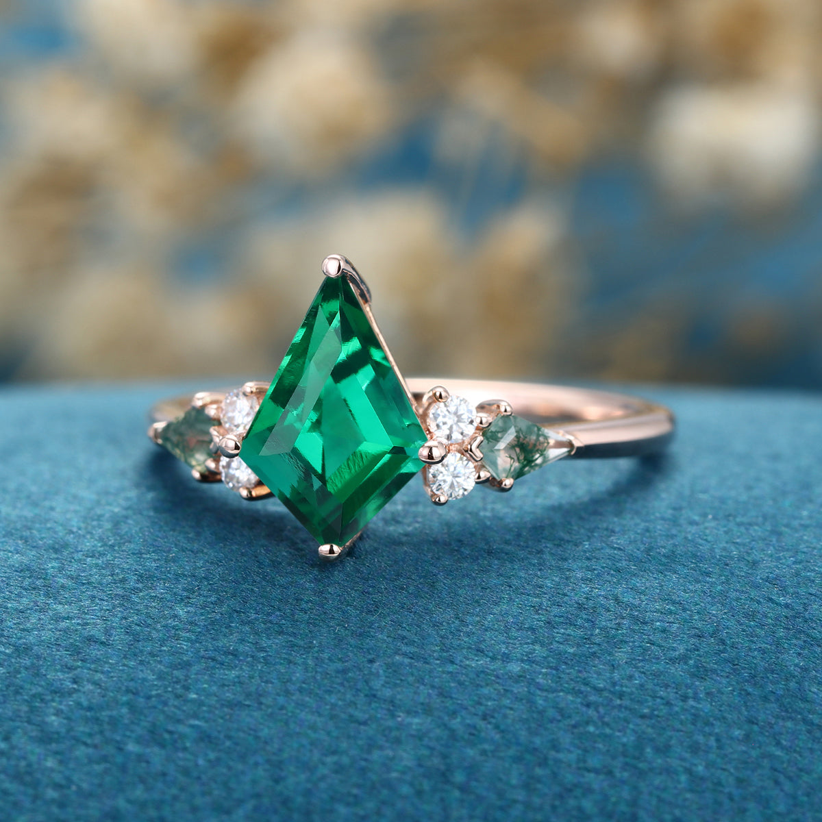 Kite cut Lab Emerald & Moss Agate Solid Gold Engagement Ring