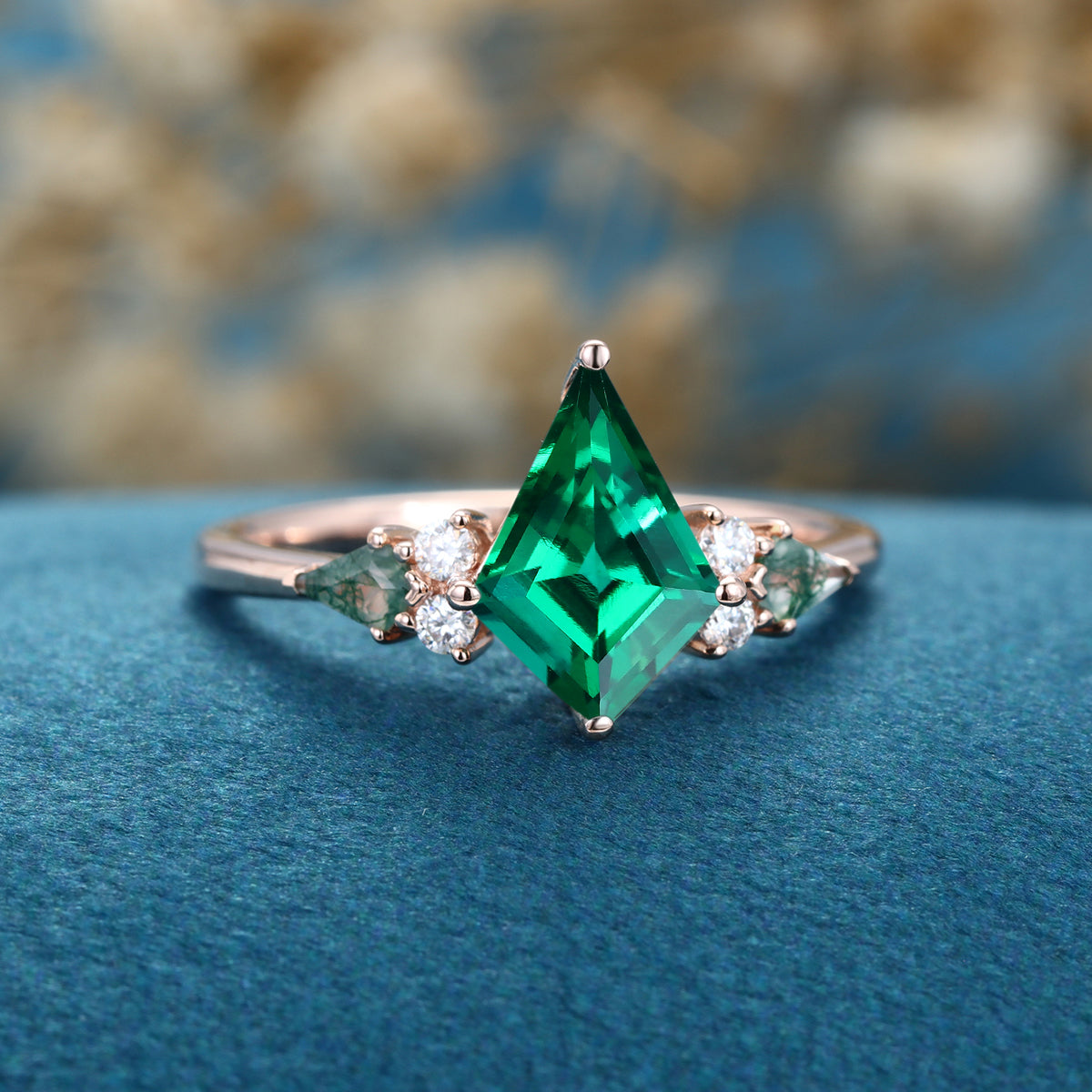 Kite cut Lab Emerald & Moss Agate Solid Gold Engagement Ring