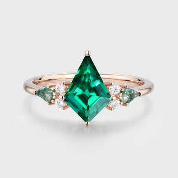 Kite cut Lab Emerald & Moss Agate Solid Gold Engagement Ring
