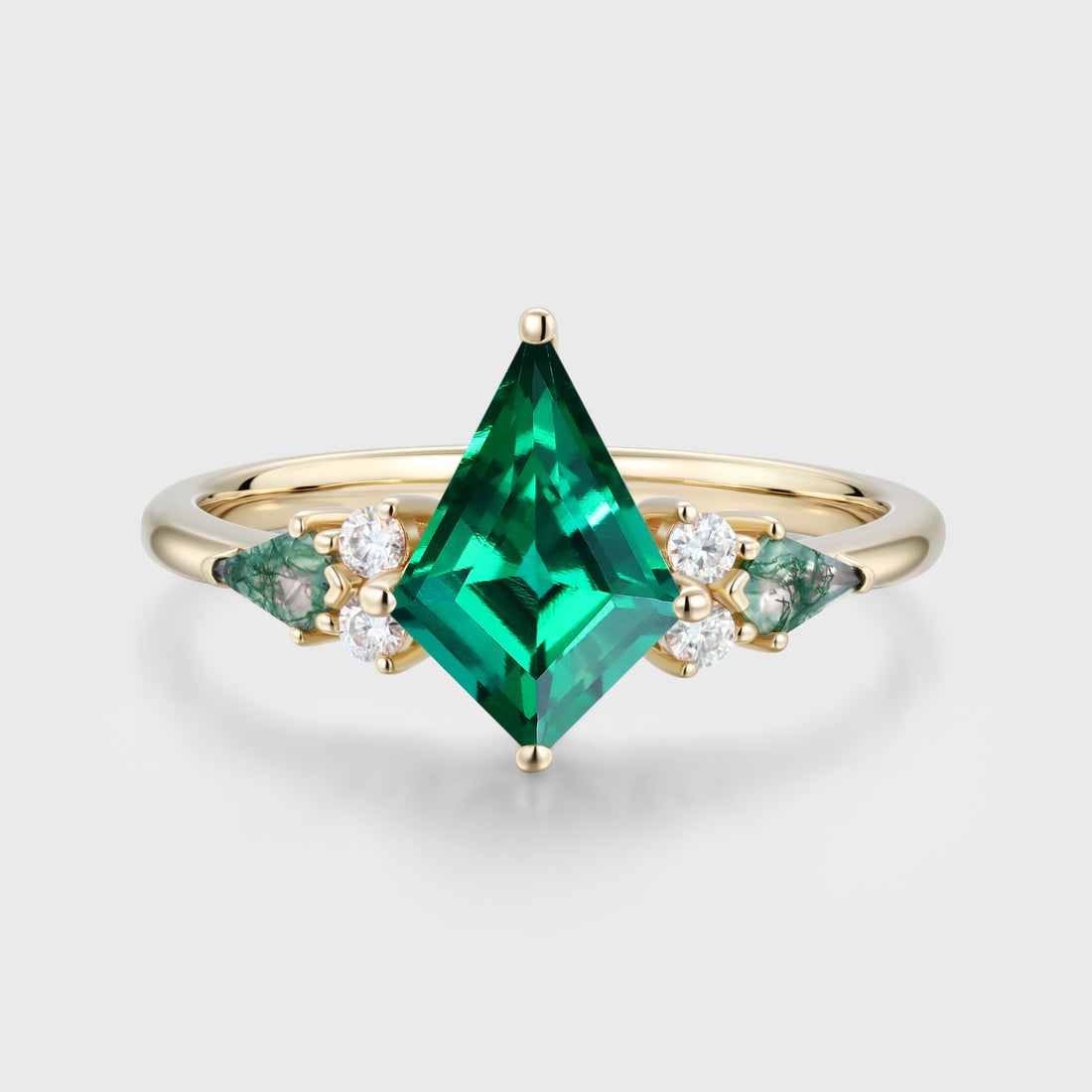 Kite cut Lab Emerald & Moss Agate Solid Gold Engagement Ring