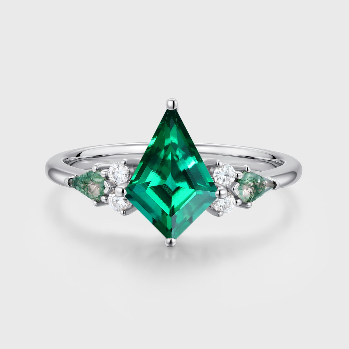 Kite cut Lab Emerald & Moss Agate Solid Gold Engagement Ring