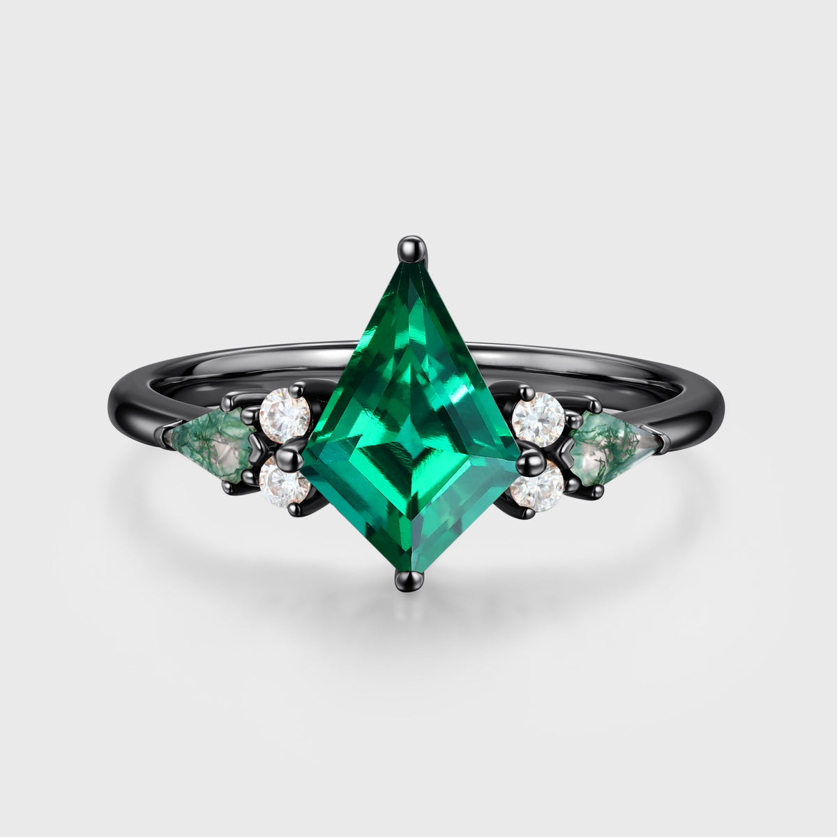 Kite cut Lab Emerald & Moss Agate Solid Gold Engagement Ring