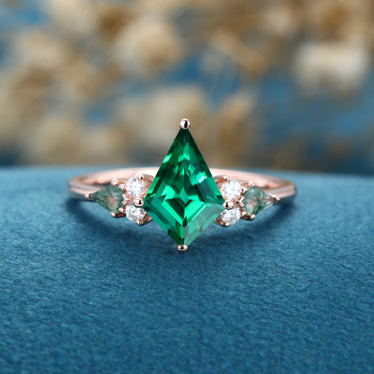 Kite cut Lab Emerald & Moss Agate Solid Gold Engagement Ring