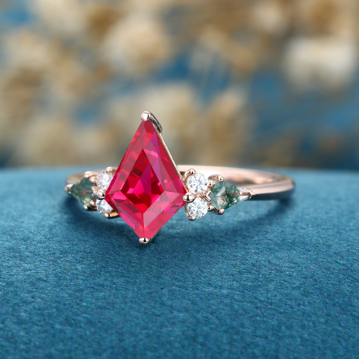 Kite cut Lab Ruby & Moss Agate Solid Gold Engagement Ring