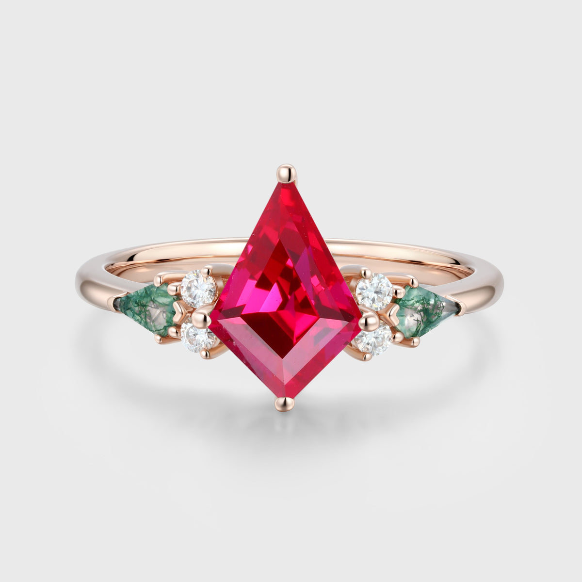 Kite cut Lab Ruby & Moss Agate Solid Gold Engagement Ring