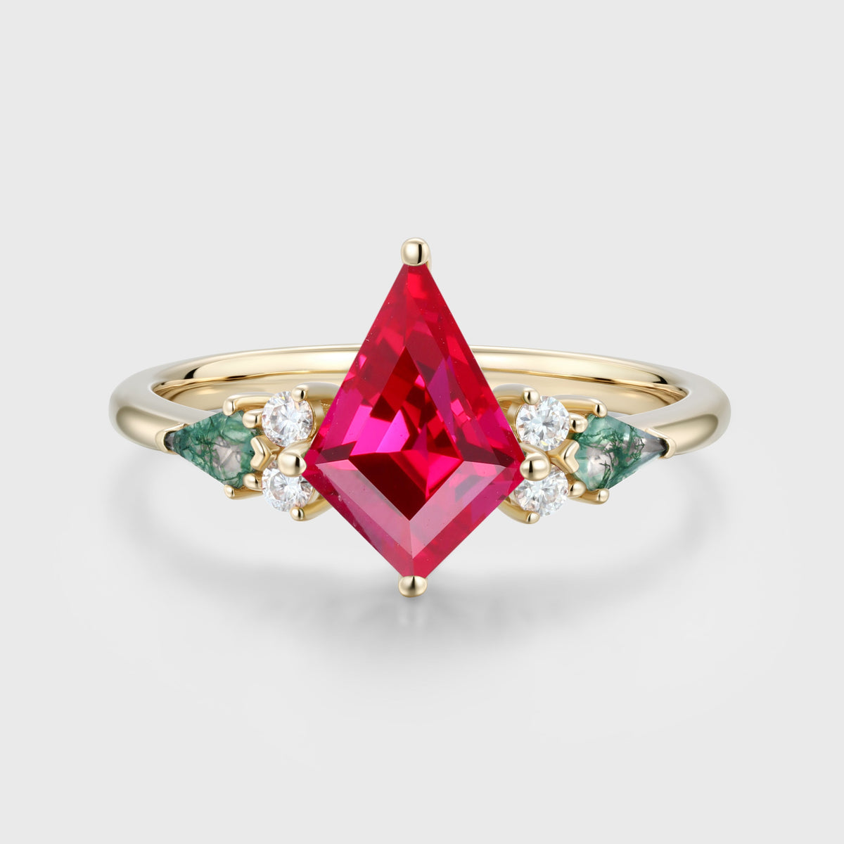 Kite cut Lab Ruby & Moss Agate Solid Gold Engagement Ring