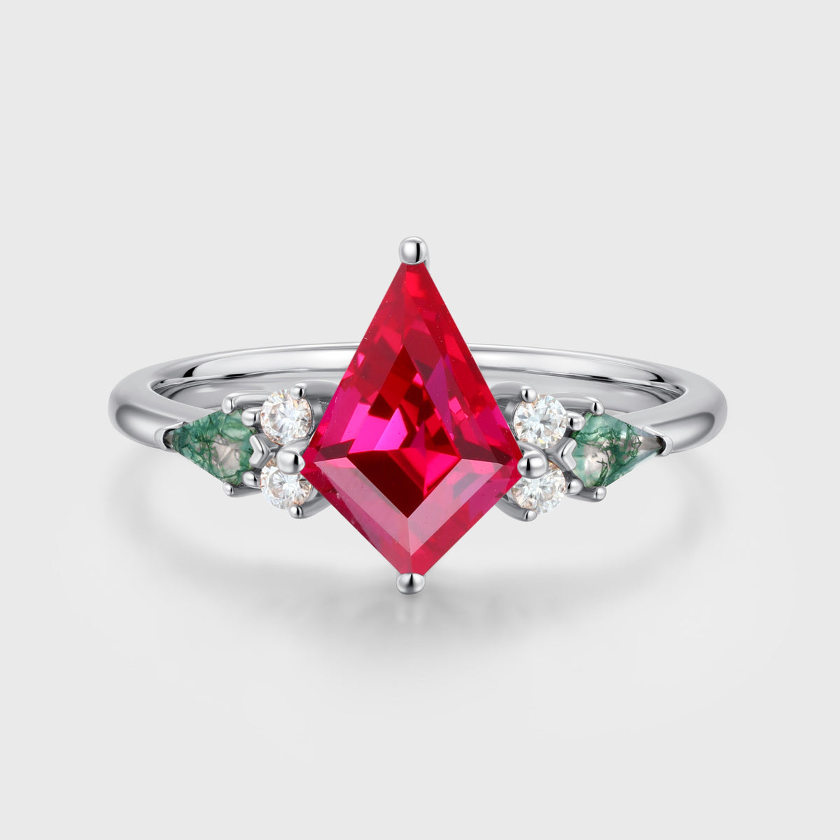 Kite cut Lab Ruby & Moss Agate Solid Gold Engagement Ring