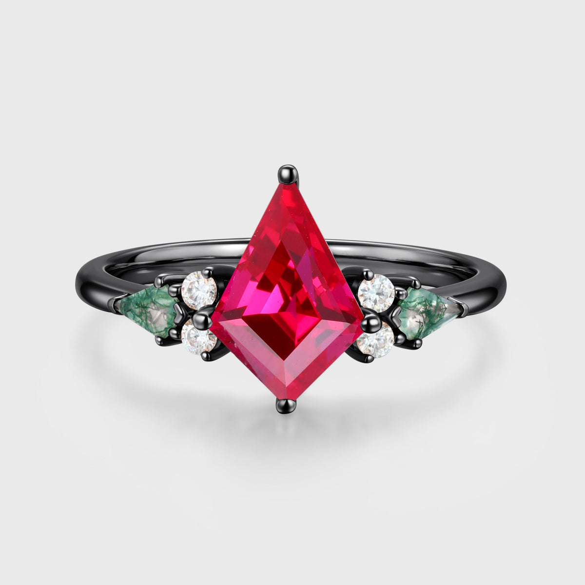 Kite cut Lab Ruby & Moss Agate Solid Gold Engagement Ring