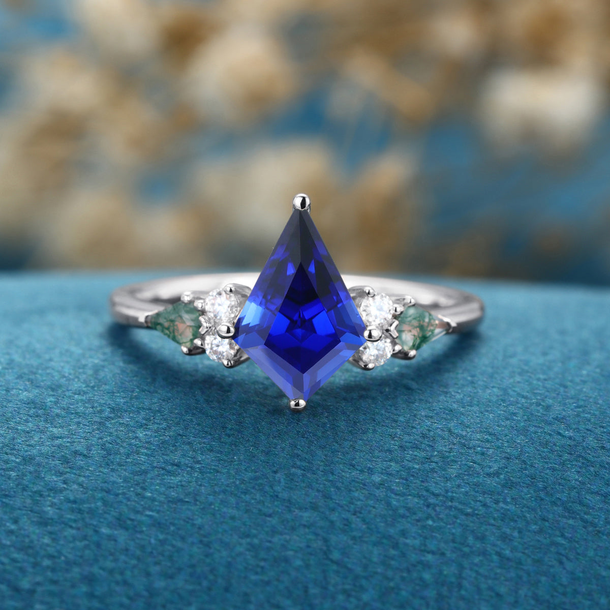 Kite cut Lab Sapphire & Moss Agate Solid Gold Engagement Ring