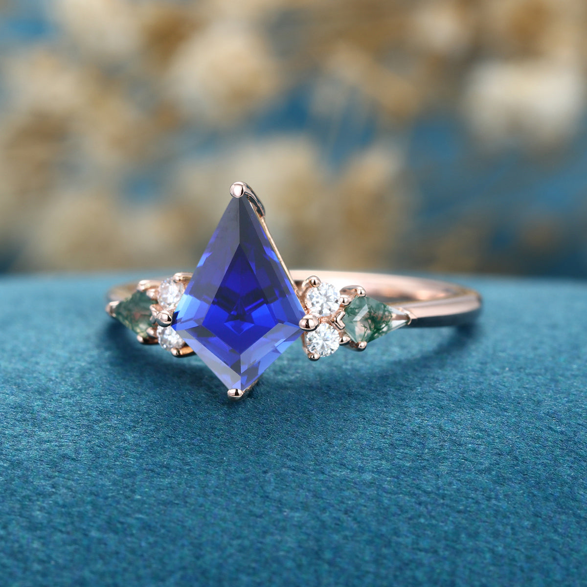 Kite cut Lab Sapphire & Moss Agate Solid Gold Engagement Ring