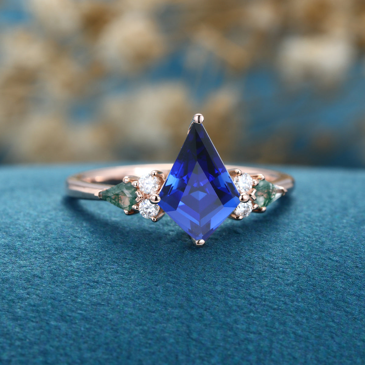 Kite cut Lab Sapphire & Moss Agate Solid Gold Engagement Ring