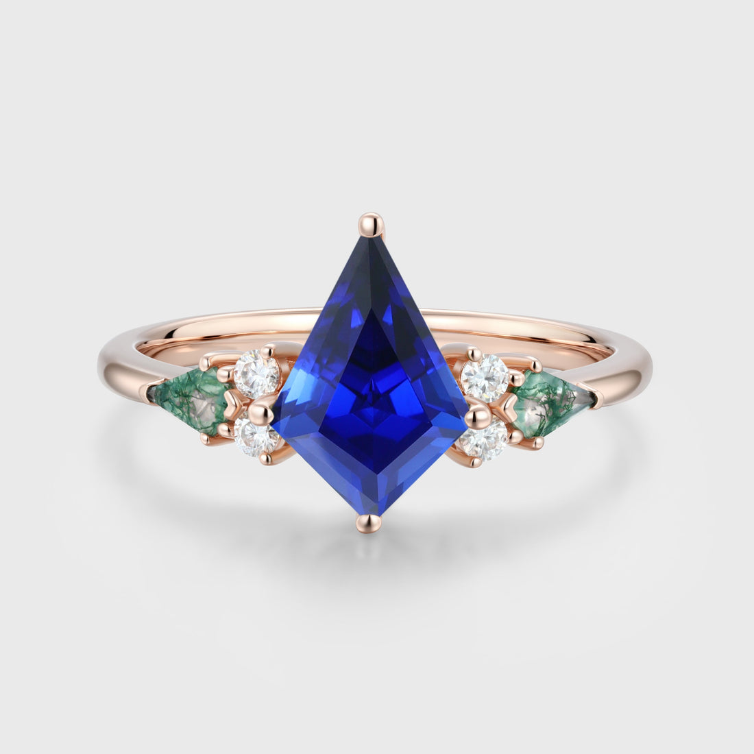Kite cut Lab Sapphire & Moss Agate Solid Gold Engagement Ring