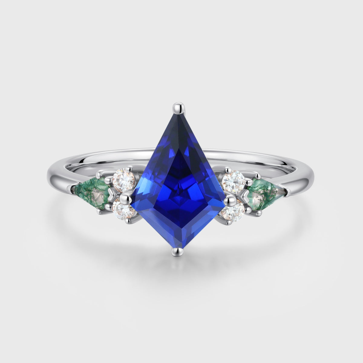 Kite cut Lab Sapphire & Moss Agate Solid Gold Engagement Ring