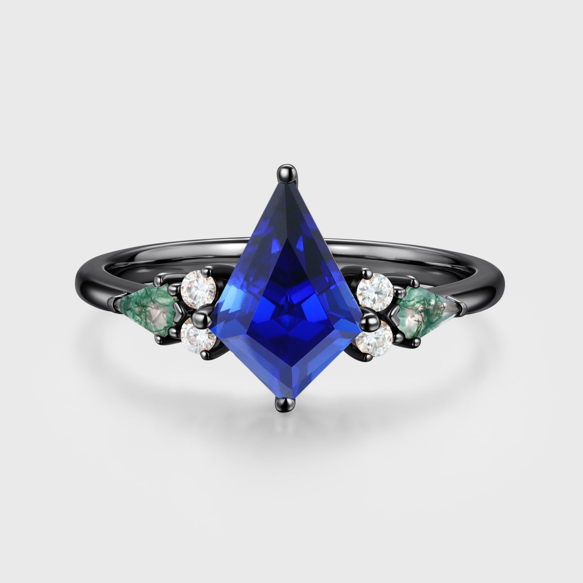 Kite cut Lab Sapphire & Moss Agate Solid Gold Engagement Ring