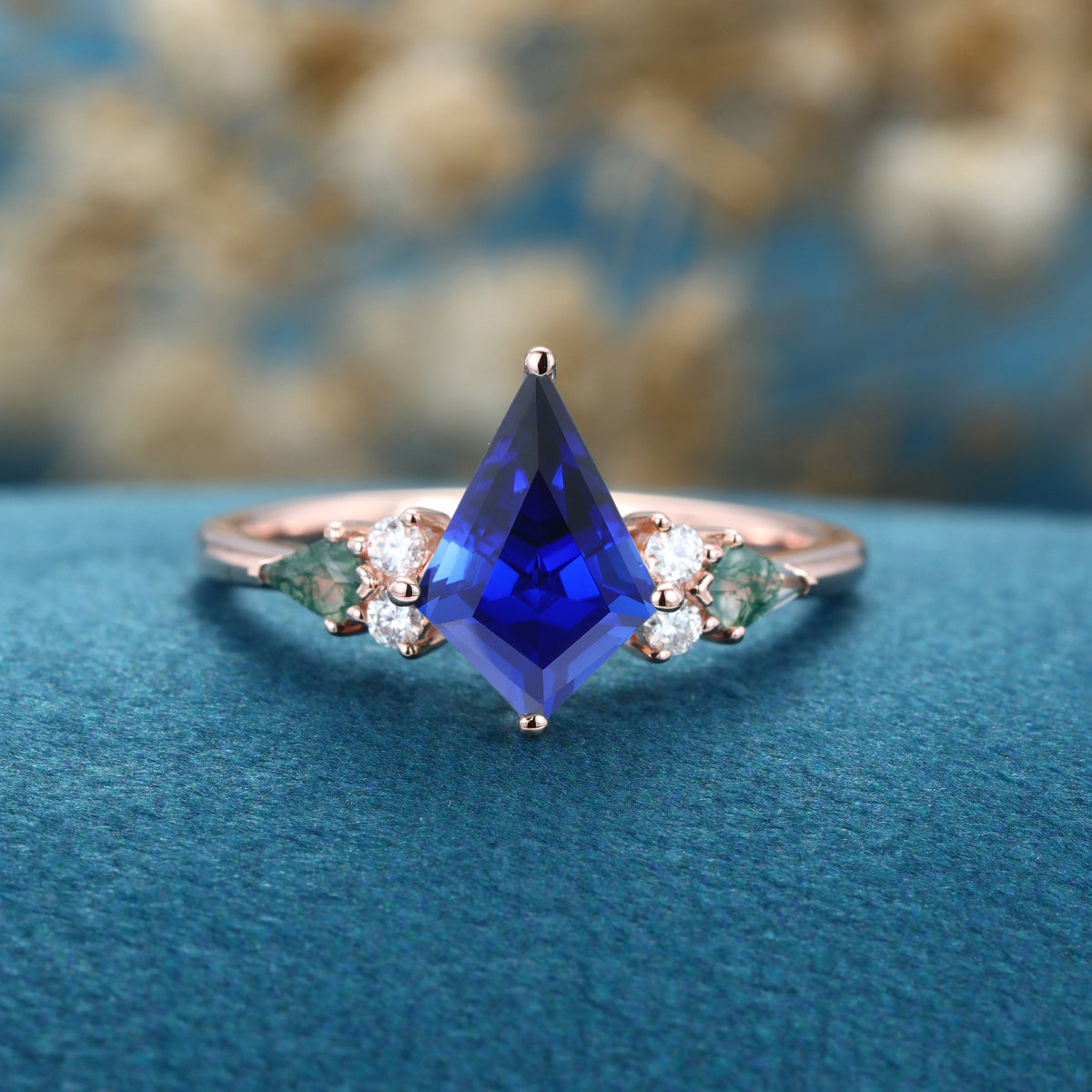 Kite cut Lab Sapphire & Moss Agate Solid Gold Engagement Ring