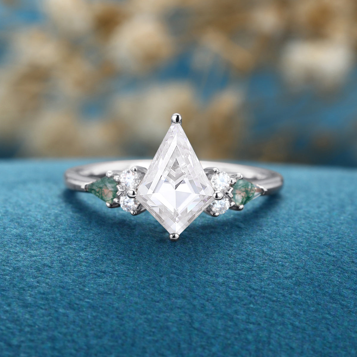 Kite cut Moissanite & Moss Agate Solid Gold Engagement Ring