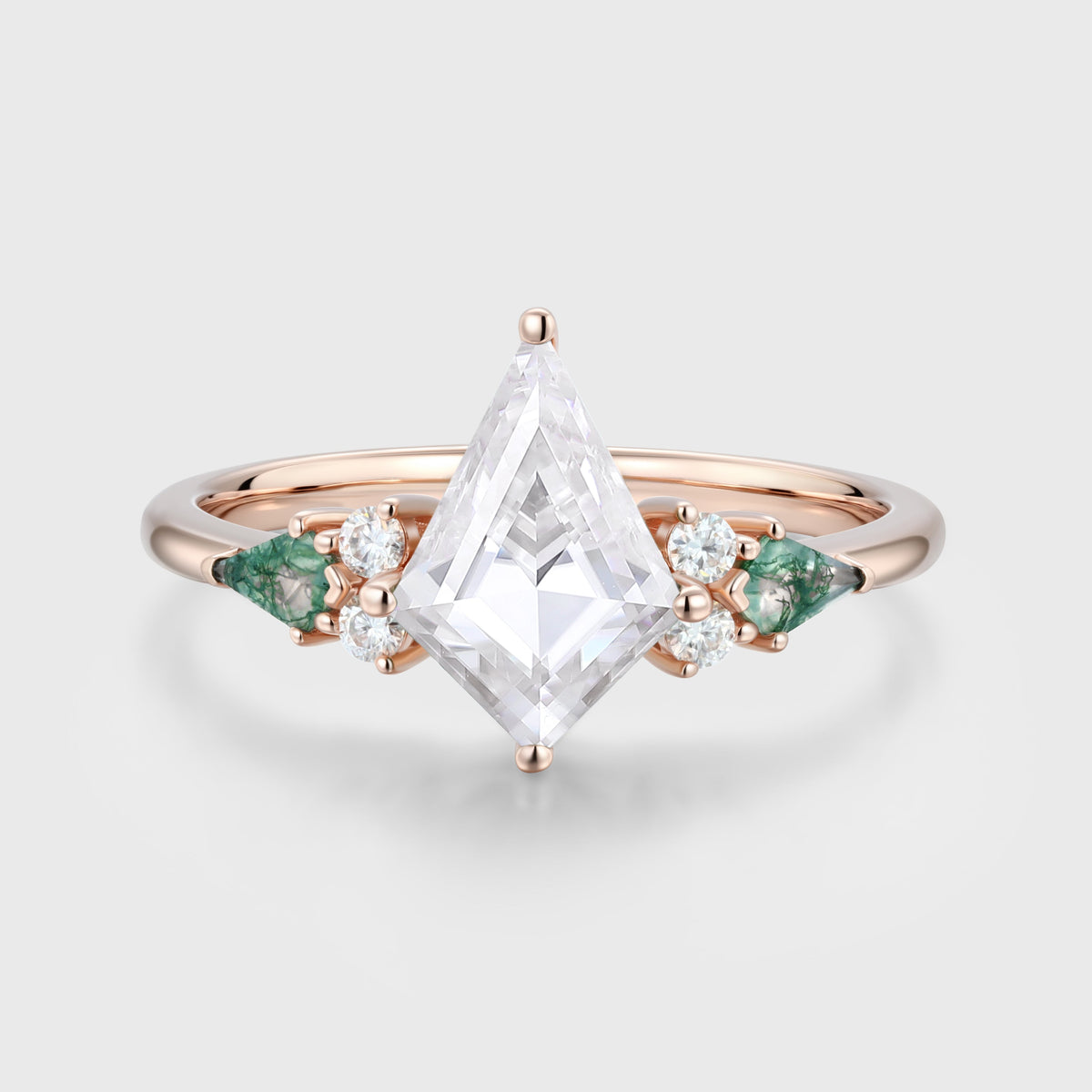 Kite cut Moissanite & Moss Agate Solid Gold Engagement Ring