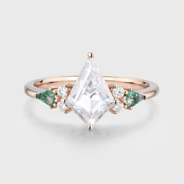 Kite cut Moissanite & Moss Agate Solid Gold Engagement Ring