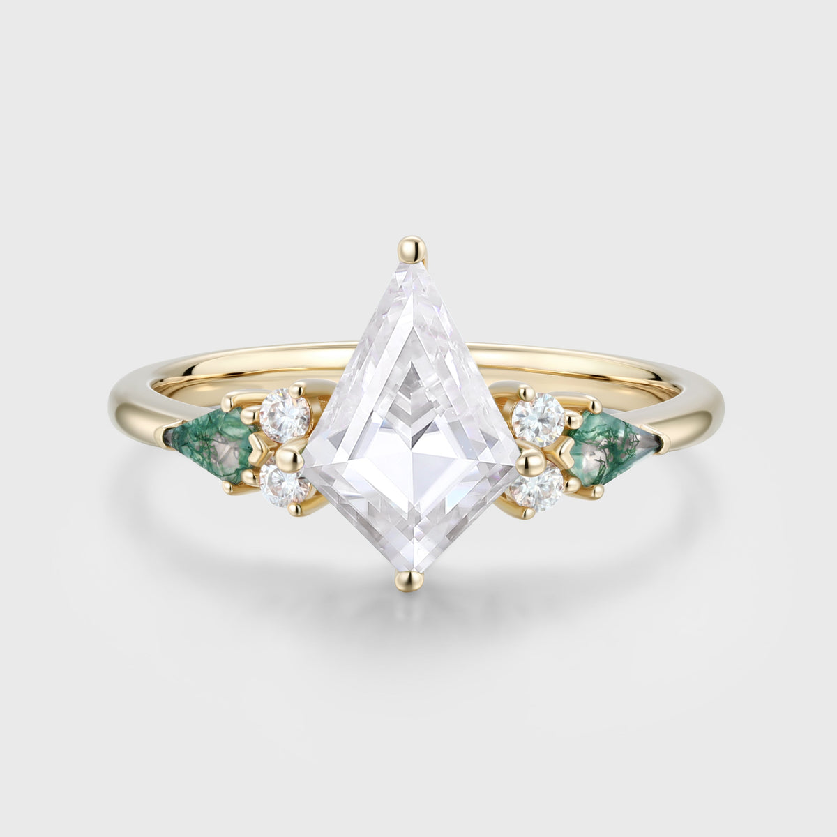 Kite cut Moissanite & Moss Agate Solid Gold Engagement Ring