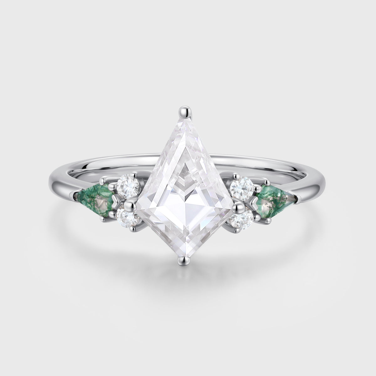 Kite cut Moissanite & Moss Agate Solid Gold Engagement Ring