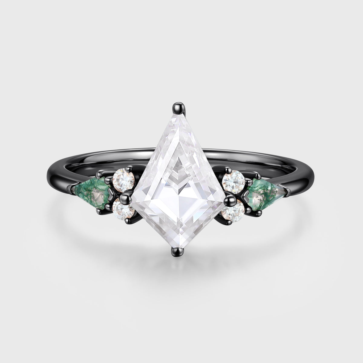 Kite cut Moissanite & Moss Agate Solid Gold Engagement Ring