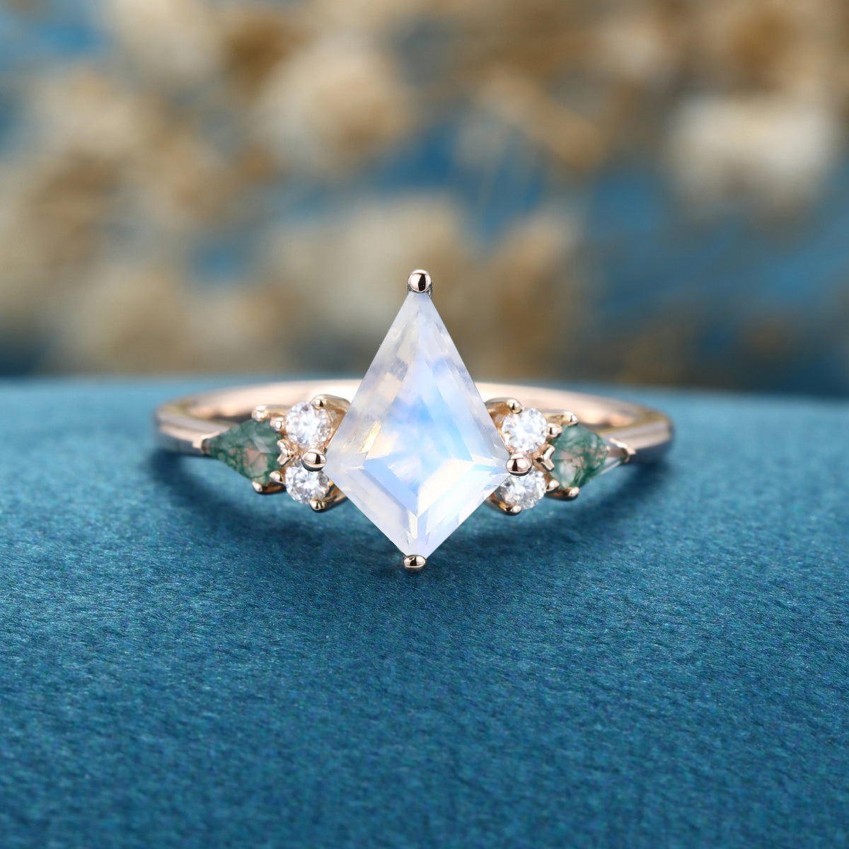 Kite cut Moonstone & Moss Agate Solid Gold Engagement Ring