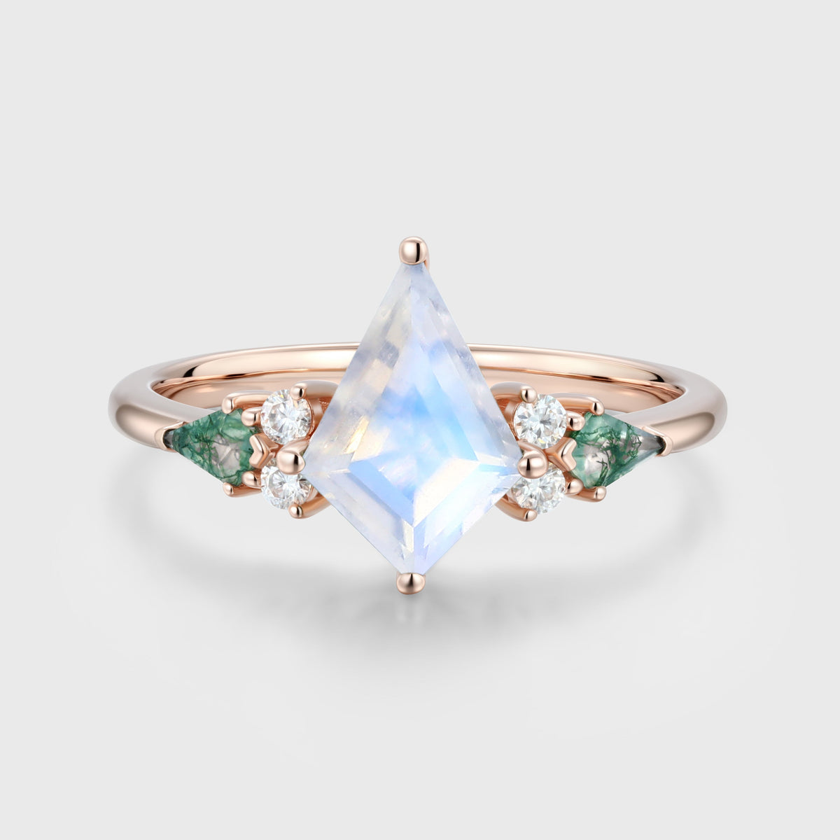 Kite cut Moonstone & Moss Agate Solid Gold Engagement Ring