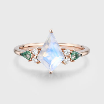 Kite cut Moonstone & Moss Agate Solid Gold Engagement Ring