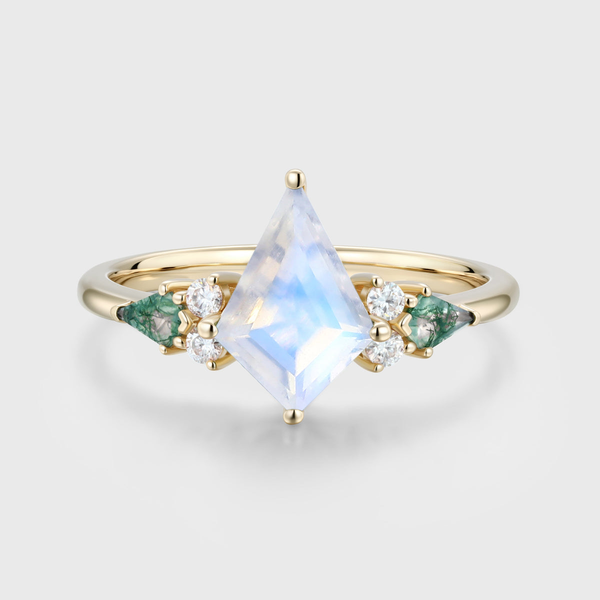 Kite cut Moonstone & Moss Agate Solid Gold Engagement Ring