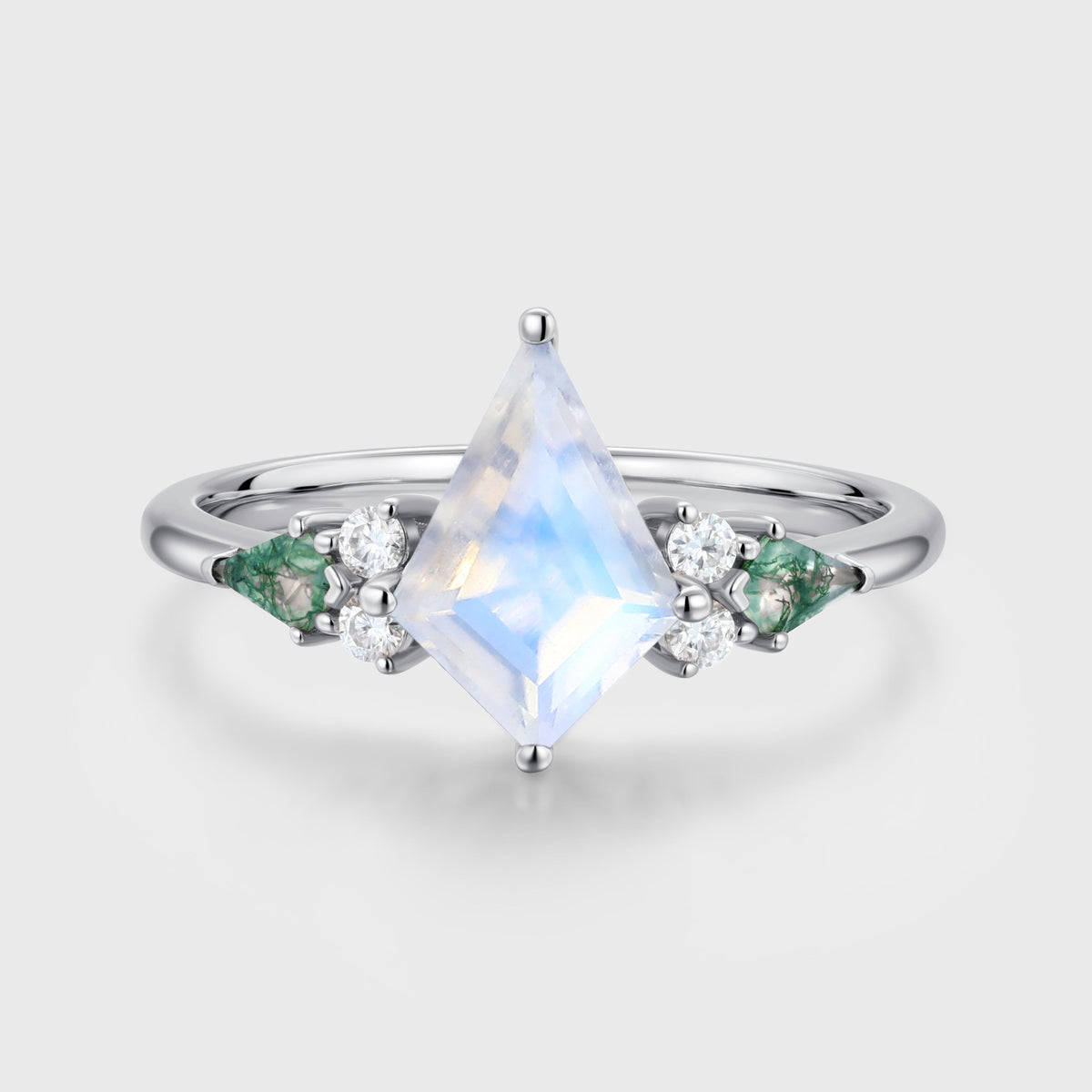 Kite cut Moonstone & Moss Agate Solid Gold Engagement Ring