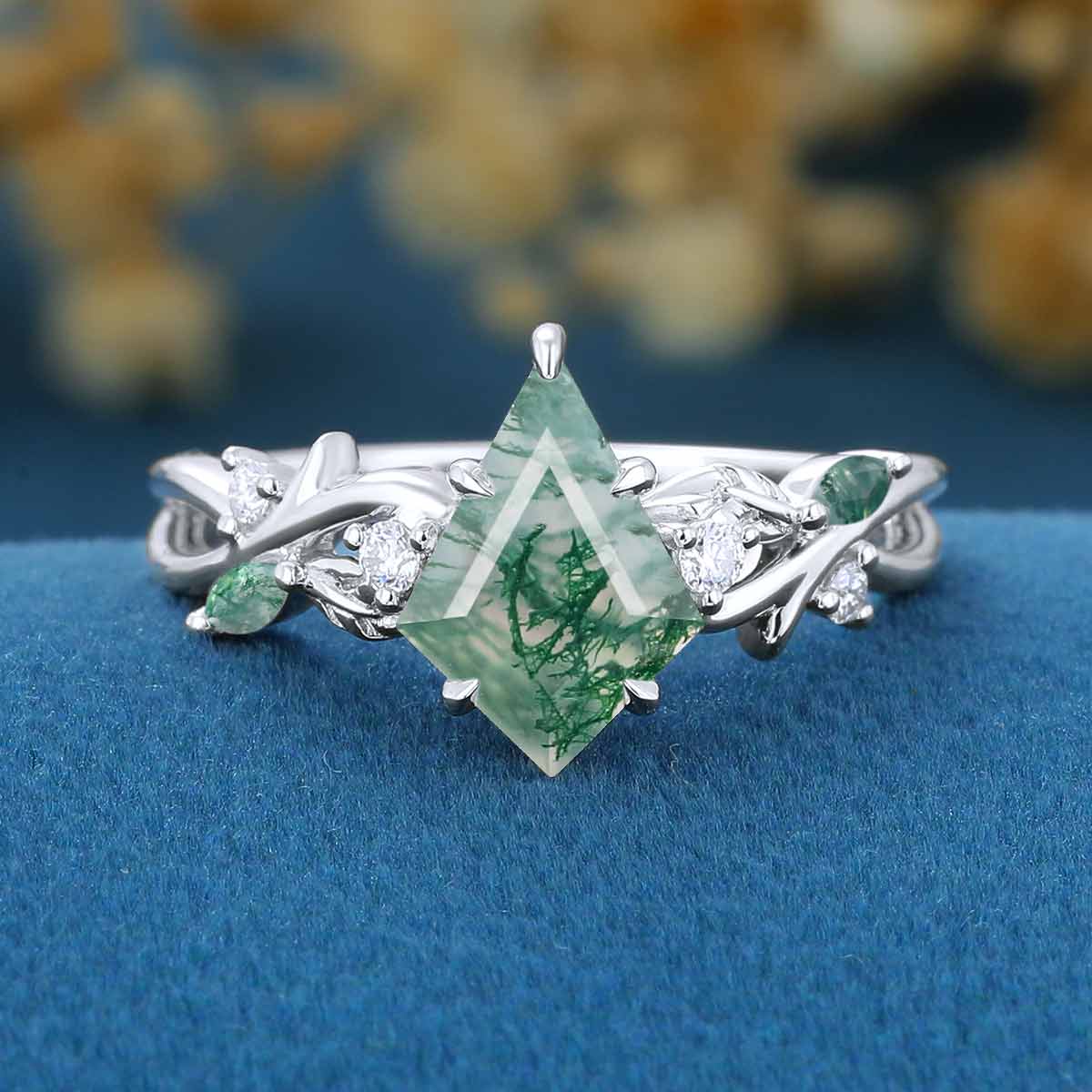 Kite cut Moss Agate Engagement ring Leaf Bridal Promise Ring