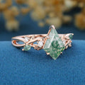 Kite cut Moss Agate Engagement ring Leaf Bridal Promise Ring