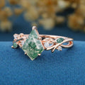 Kite cut Moss Agate Engagement ring Leaf Bridal Promise Ring