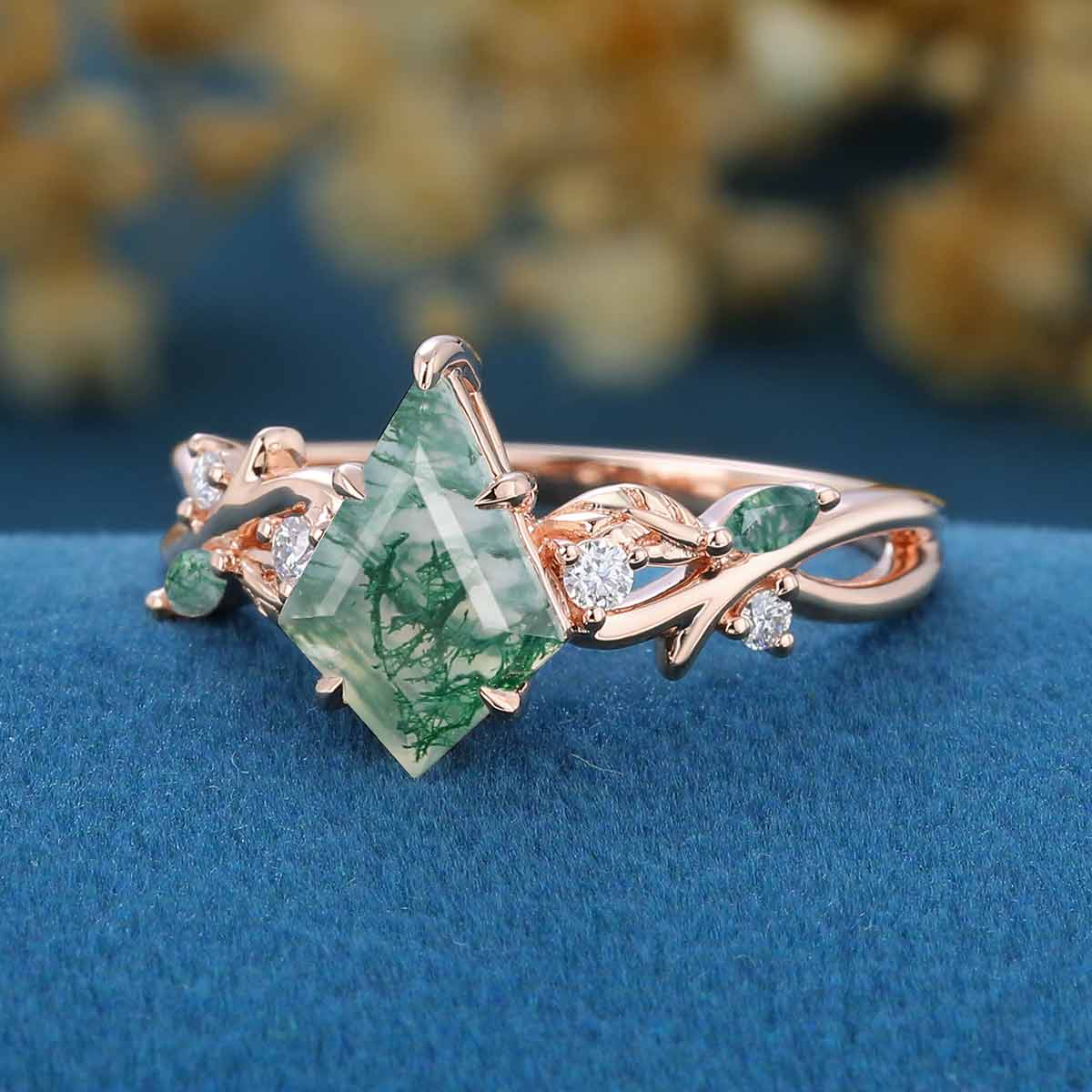 Kite cut Moss Agate Engagement ring Leaf Bridal Promise Ring
