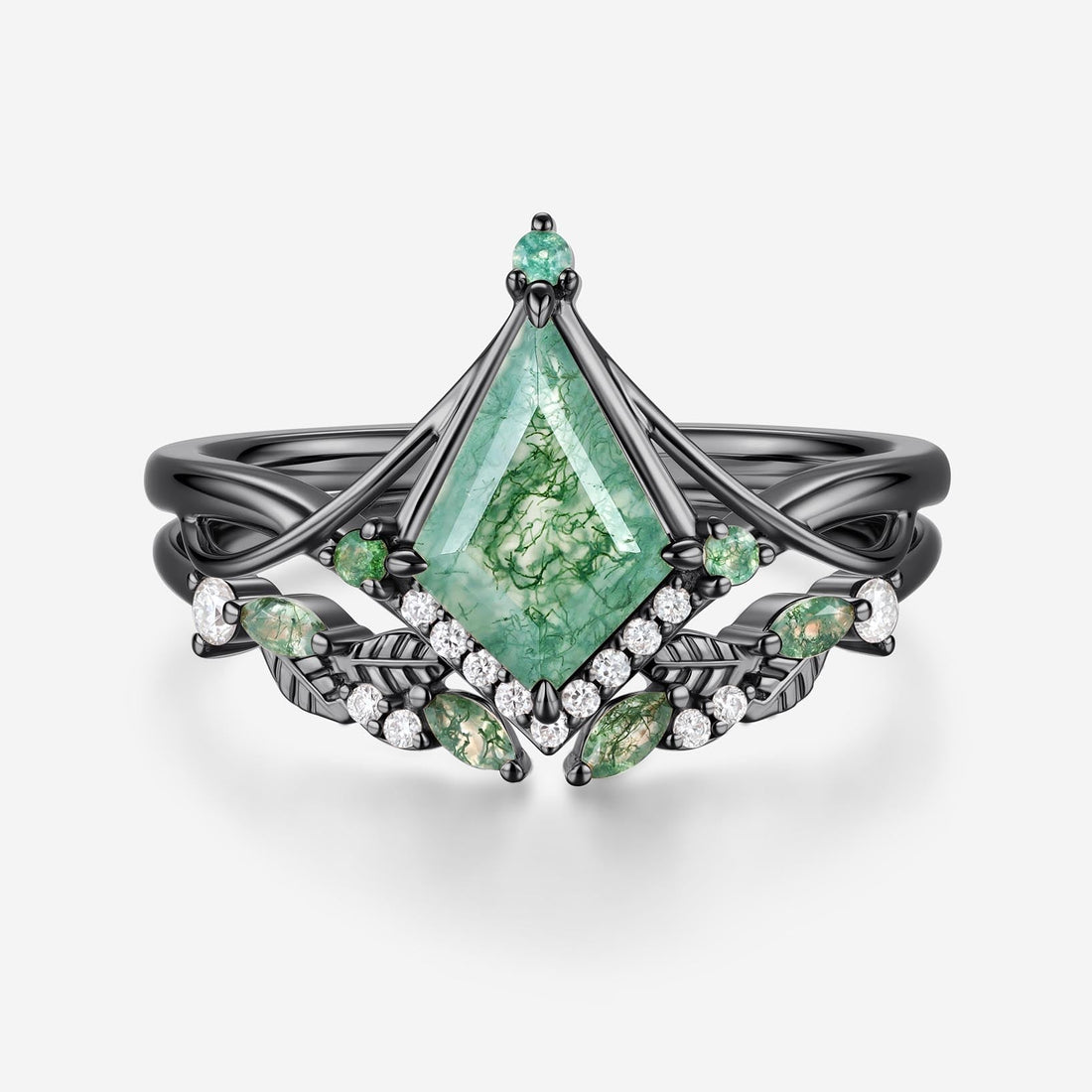 Kite cut Moss Agate Nature Inspired Engagement Ring Set
