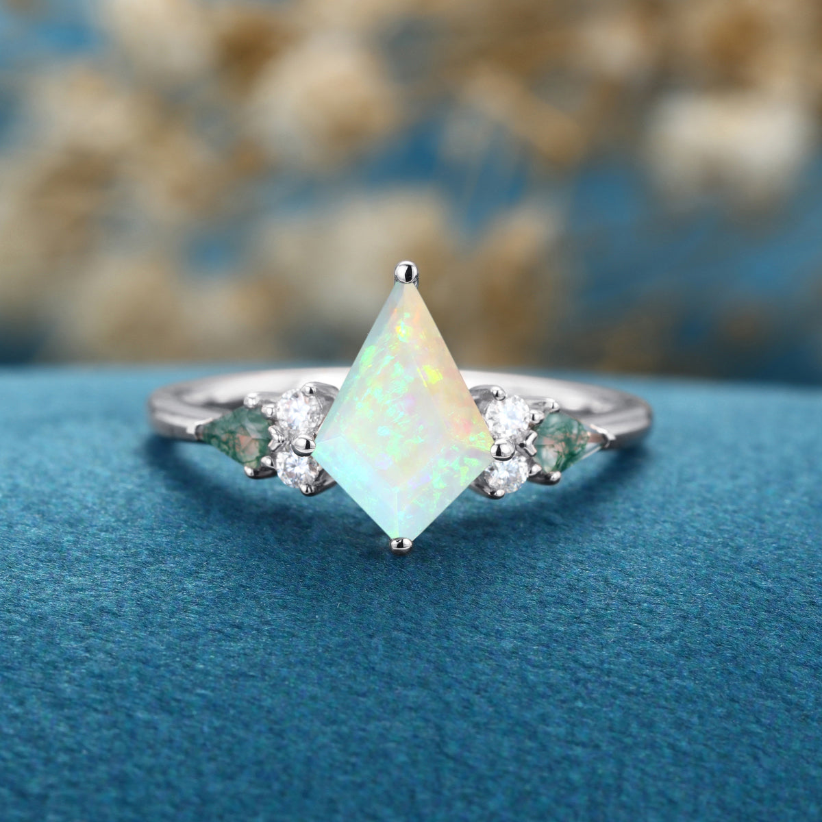 Kite cut Opal & Moss Agate Solid Gold Engagement Ring