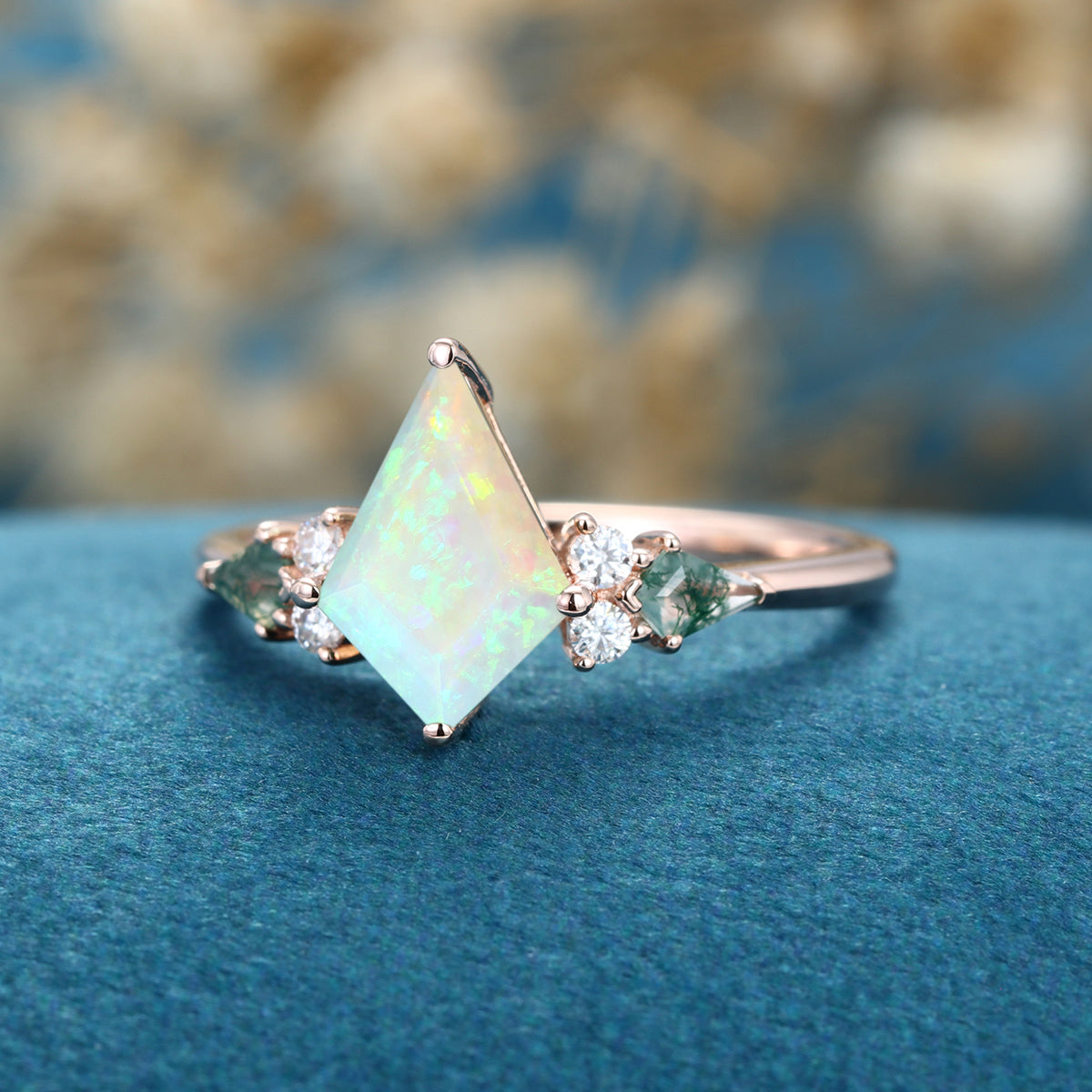 Kite cut Opal & Moss Agate Solid Gold Engagement Ring