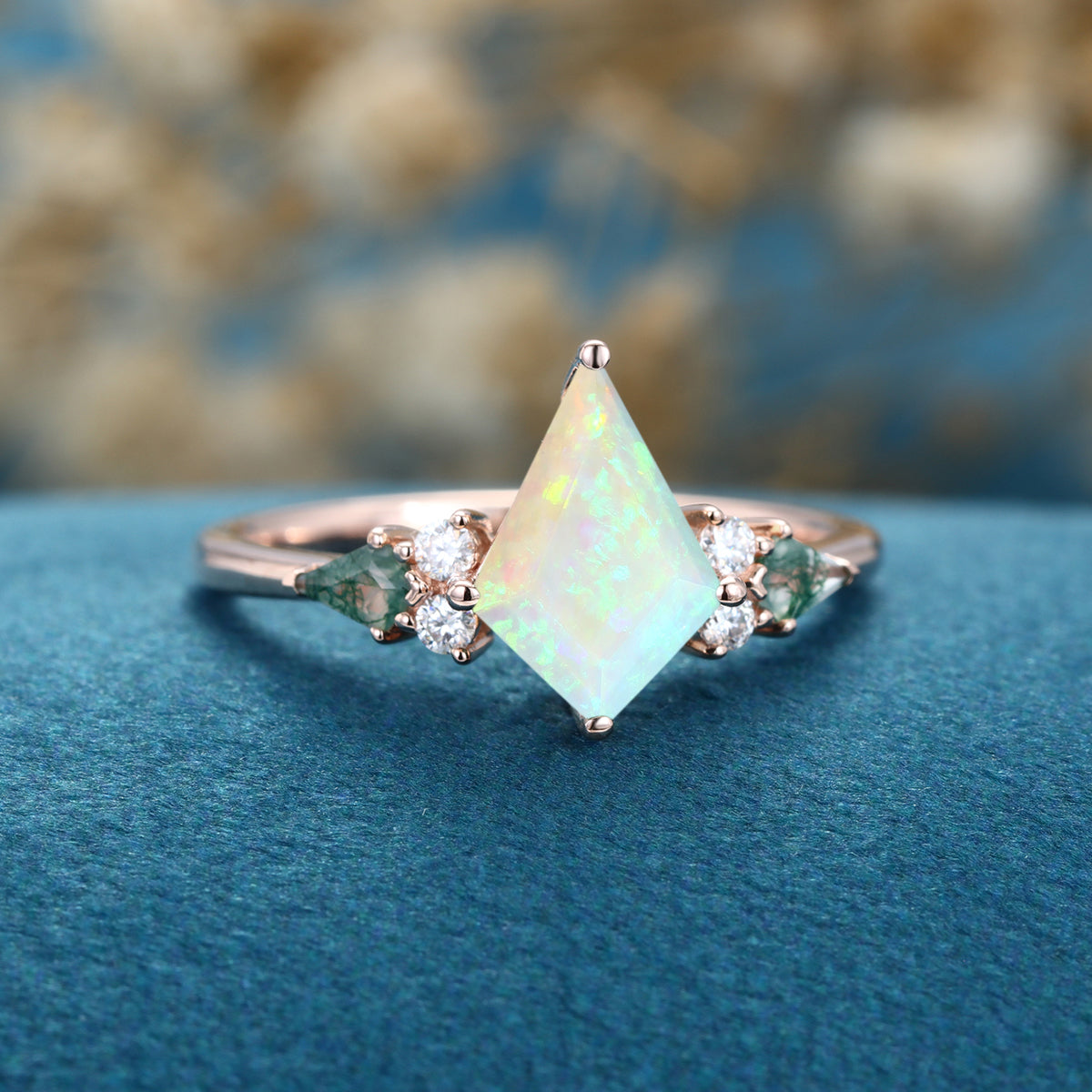 Kite cut Opal & Moss Agate Solid Gold Engagement Ring