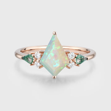 Kite cut Opal & Moss Agate Solid Gold Engagement Ring