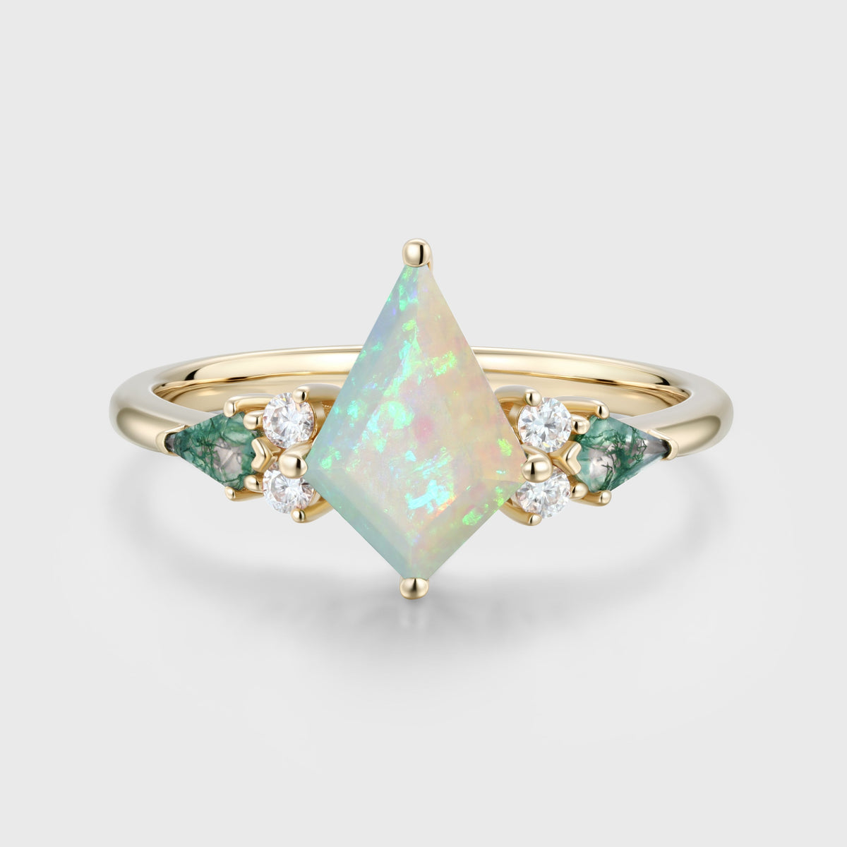 Kite cut Opal & Moss Agate Solid Gold Engagement Ring