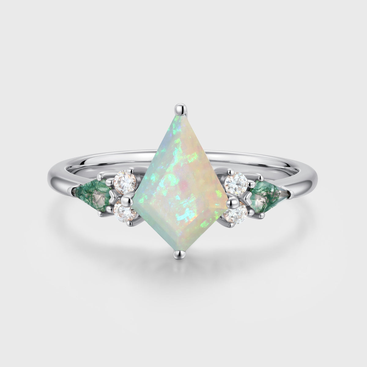 Kite cut Opal & Moss Agate Solid Gold Engagement Ring