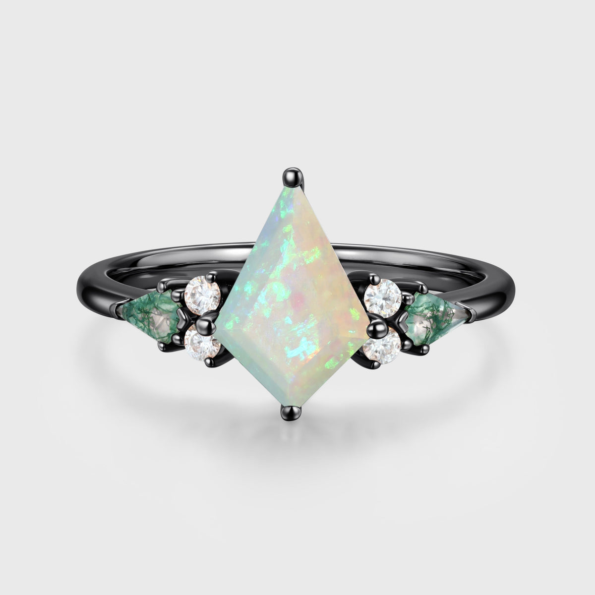 Kite cut Opal & Moss Agate Solid Gold Engagement Ring