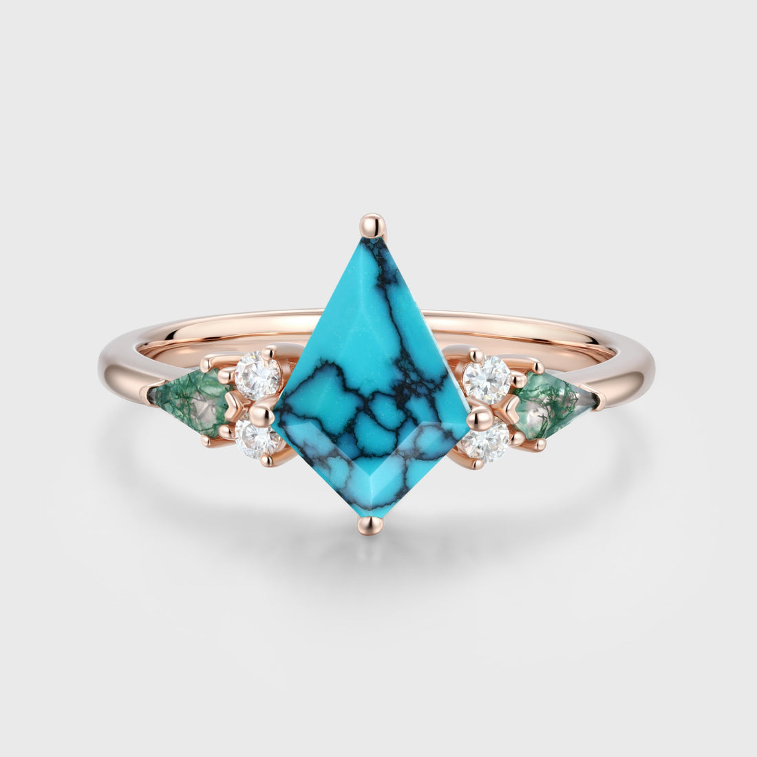 Kite cut Turquoise & Moss Agate Solid Gold Engagement Ring