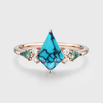 Kite cut Turquoise & Moss Agate Solid Gold Engagement Ring