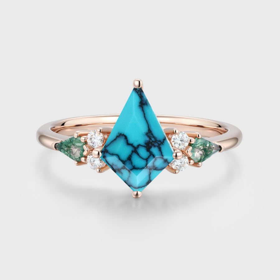 Kite cut Turquoise & Moss Agate Solid Gold Engagement Ring
