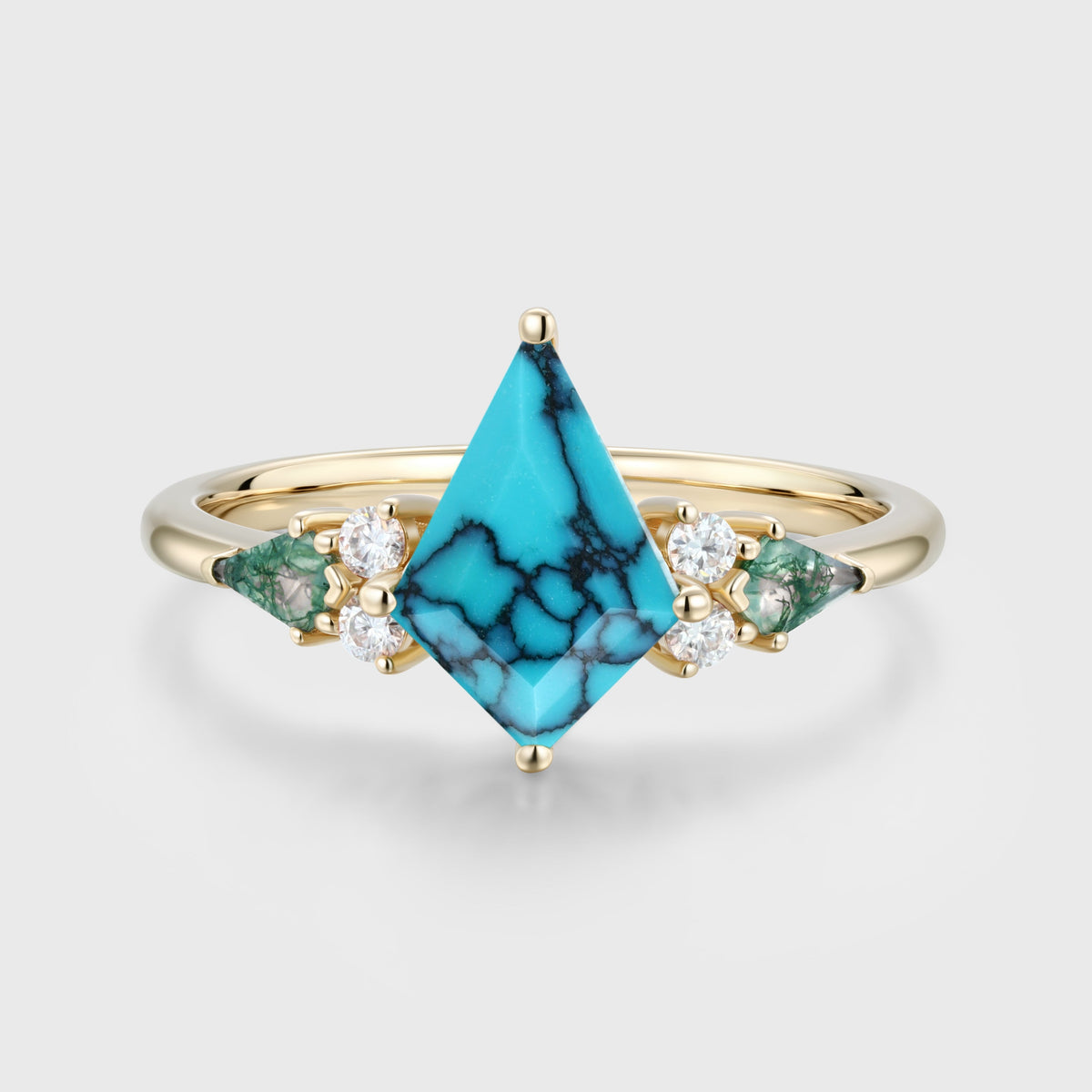 Kite cut Turquoise & Moss Agate Solid Gold Engagement Ring